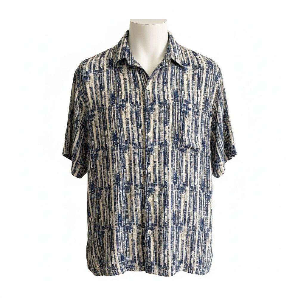 Vintage Silk Hawaiian Shirt Men's XL Blue/White Stripe Print Collared Button Up